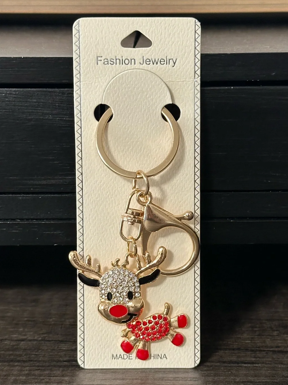 Gold-Tone Red Reindeer Bag Charm / Keychain